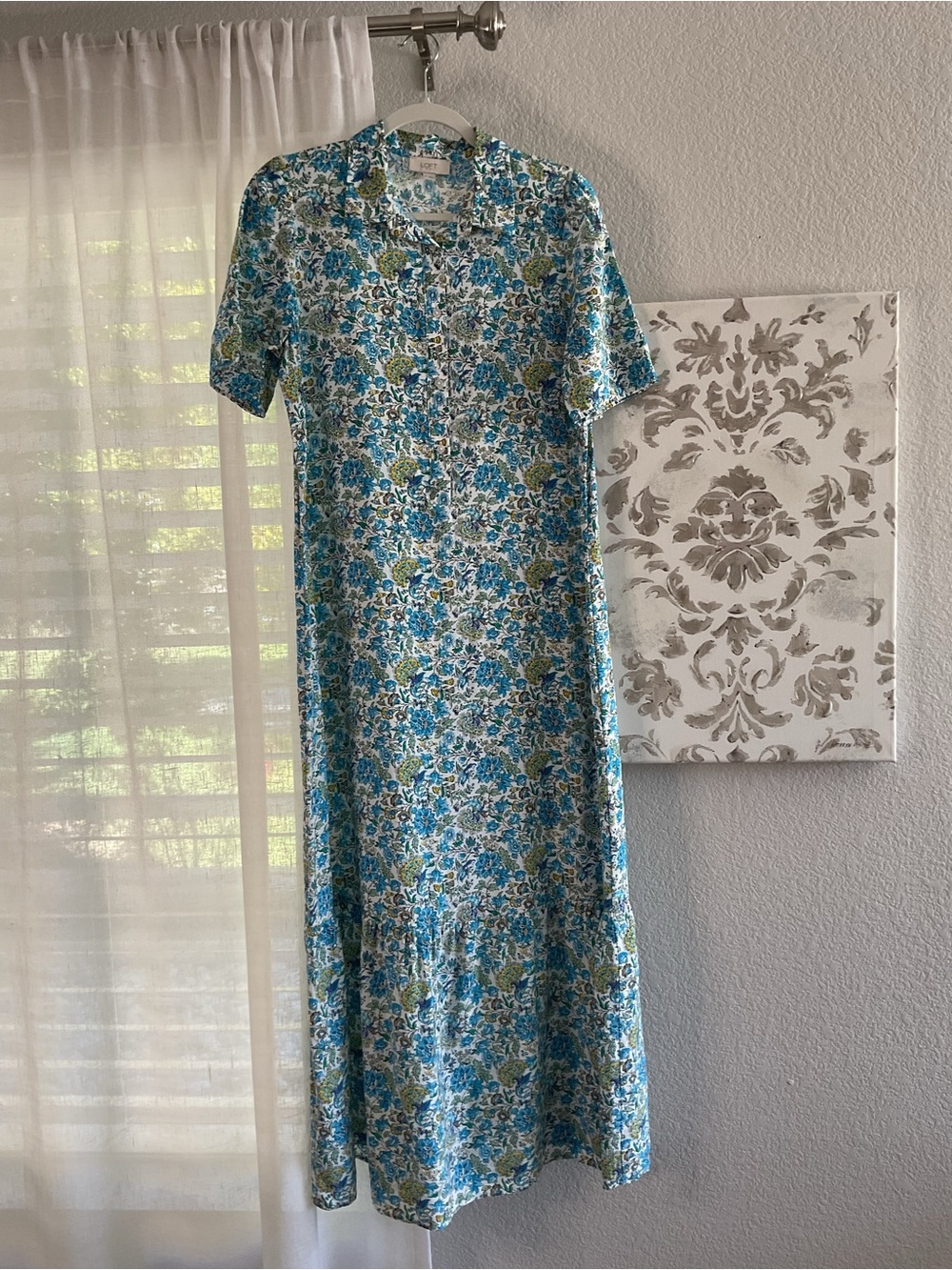 LOFT Blue Floral Short-Sleeve Maxi Dress with Collar